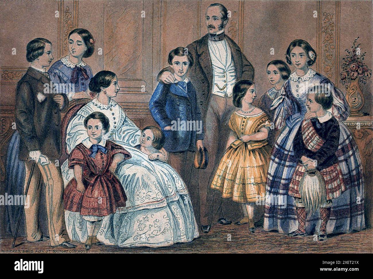 Cette impression Baxter de William Dickes capture une scène réconfortante de la reine Victoria, du Prince Albert et de leurs enfants ensemble dans un cadre domestique. L'image, probablement datant entre 1850 et 1859, représente la famille royale dans un portrait formel, leur tenue vestimentaire et leurs expressions reflétant la grandeur et l'intimité de leur vie. Banque D'Images