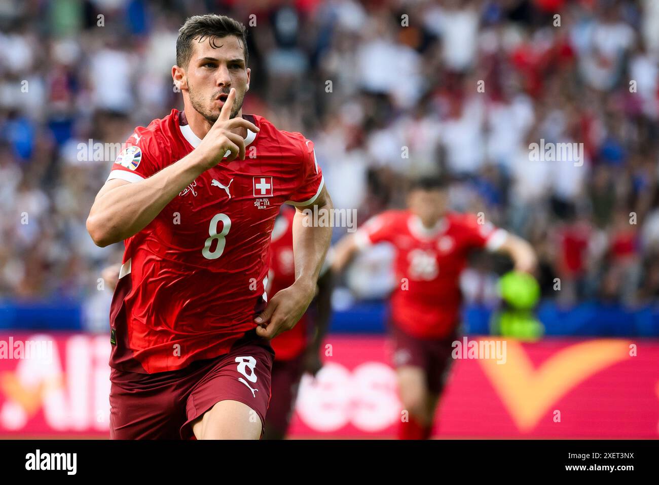 Berlin, Allemagne. 29 juin 2024. Remo Freuler de Suisse célèbre après avoir marqué un but lors de la manche de l'UEFA EURO 2024 de 16 matchs de football entre la Suisse et l'Italie. Crédit : Nicolò Campo/Alamy Live News Banque D'Images