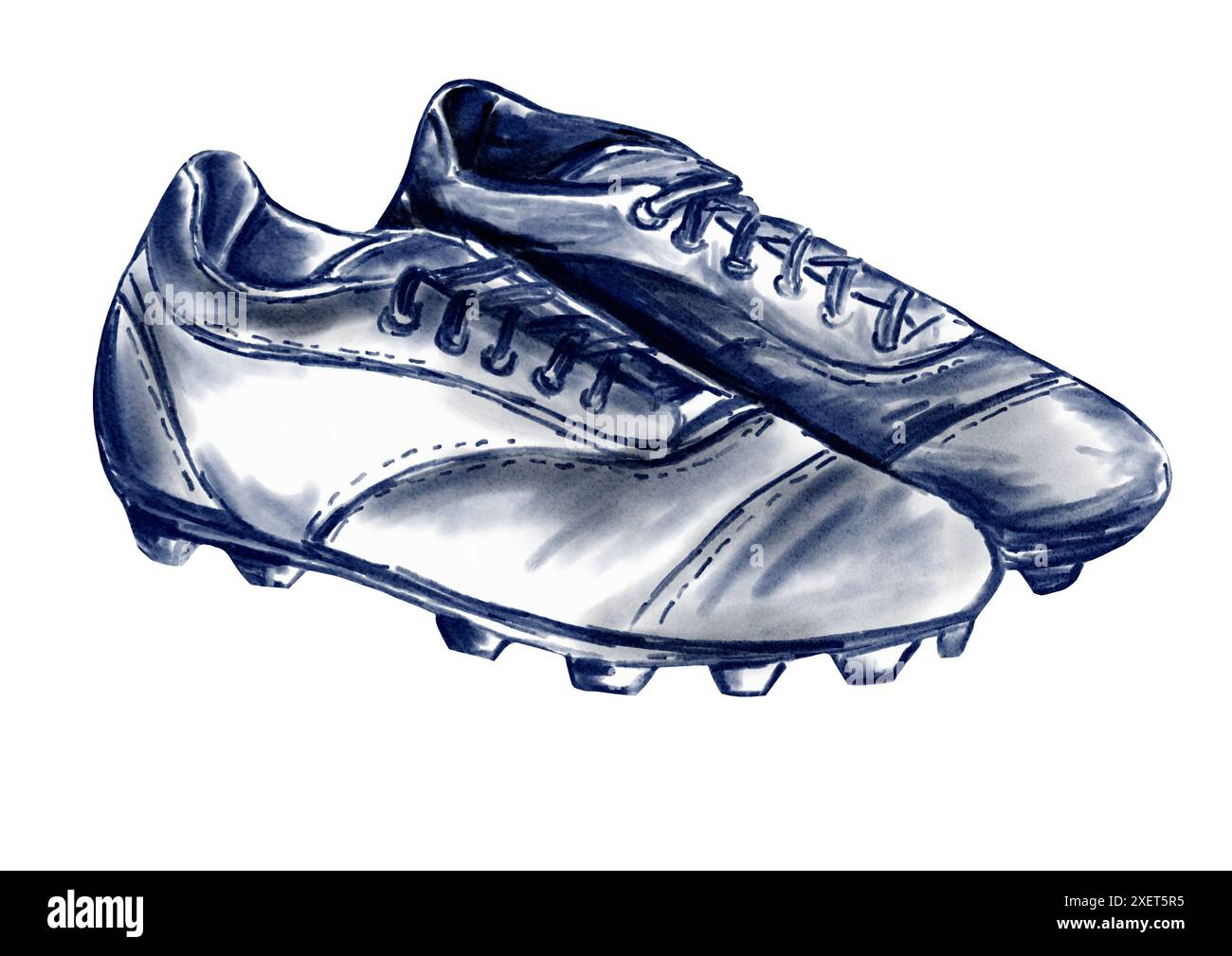 Crampons et crampons. Chaussures de football. Chaussures de sport. Crampons et crampons. Illustration numérique. Couleurs blanches et bleues. Utilisation pour cartes, affiches et magazines. Banque D'Images