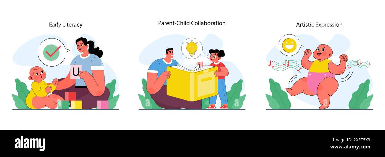 Ensemble d'éducation de la petite enfance. Enfants d'âge préscolaire apprendre, jouer et communiquer. Développement cognitif et émotionnel du tout-petit. Illustration vectorielle plate Illustration de Vecteur