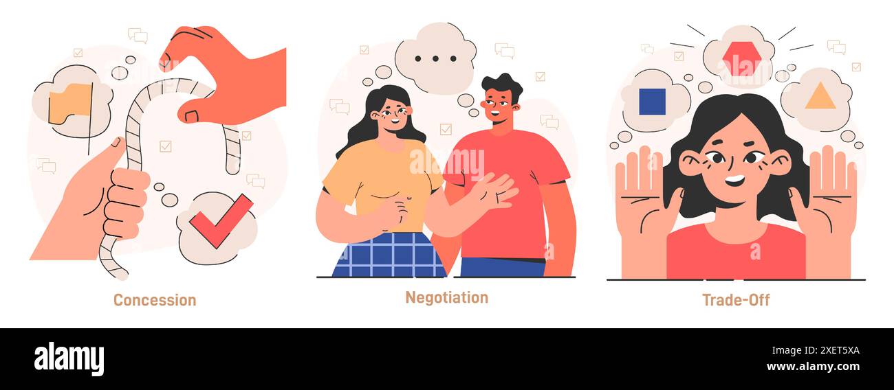 Ensemble de compromis. Trouver un terrain d'entente et rechercher un accord mutuel. Communication, empathie et confiance entre les personnages. Établir une relation de coopération. Illustration vectorielle plate Illustration de Vecteur