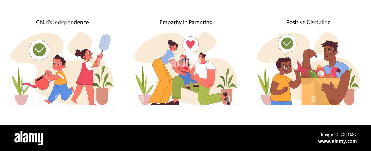 Styles parentaux définis. Les différentes méthodes d'éducation des enfants. Approche autoritaire, autoritaire, permissive et non impliquée. Éducation et éducation des enfants. Illustration vectorielle plate Illustration de Vecteur