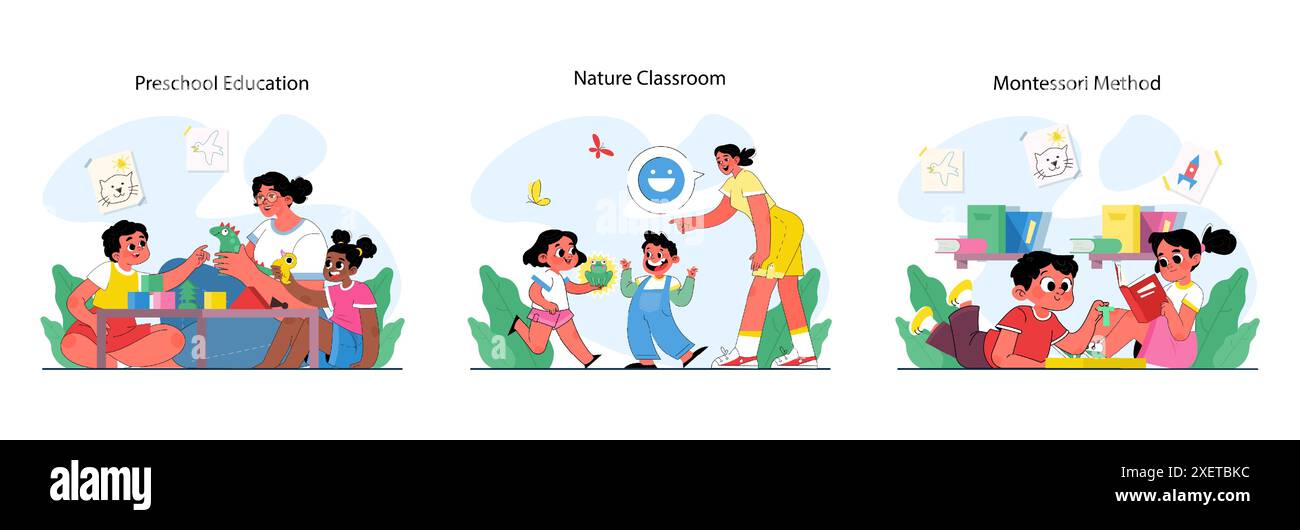 Ensemble d'éducation de la petite enfance. Enfants d'âge préscolaire apprendre, jouer et communiquer. Développement cognitif et émotionnel du tout-petit. Illustration vectorielle plate Illustration de Vecteur