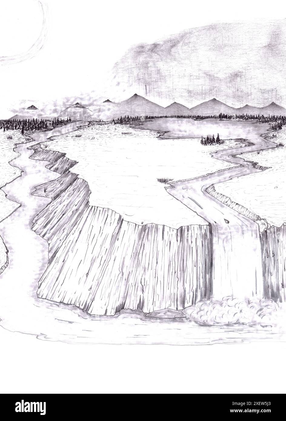 Dessin au trait noir et blanc montrant un paysage avec des nuages de montagnes, de la pluie et de l'eau s'évaporant dans un cycle de pluie. Dessin noir et blanc d'un rai Banque D'Images