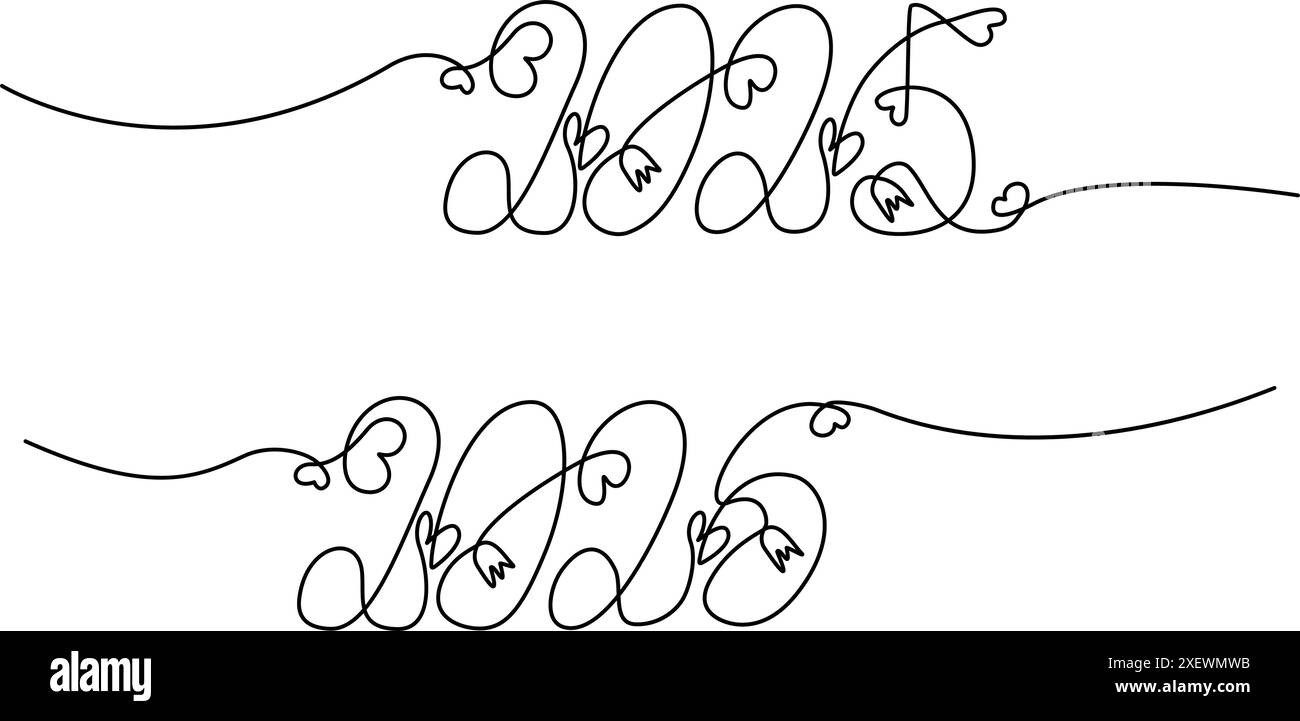 Lettrage à la main ligne continue date de 2025 2026 avec des coeurs et des fleurs dans un style minimaliste. Jeu de 2. Isoler. EPS. Cartes de voeux, affiche, bannière, brochure, prix, label ou web, concept de design promo Illustration de Vecteur
