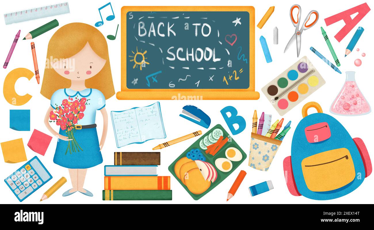 Retour aux éléments de l'école, fournitures pour enfants, école mignonne pour enfants, illustration dessinée à la main Banque D'Images