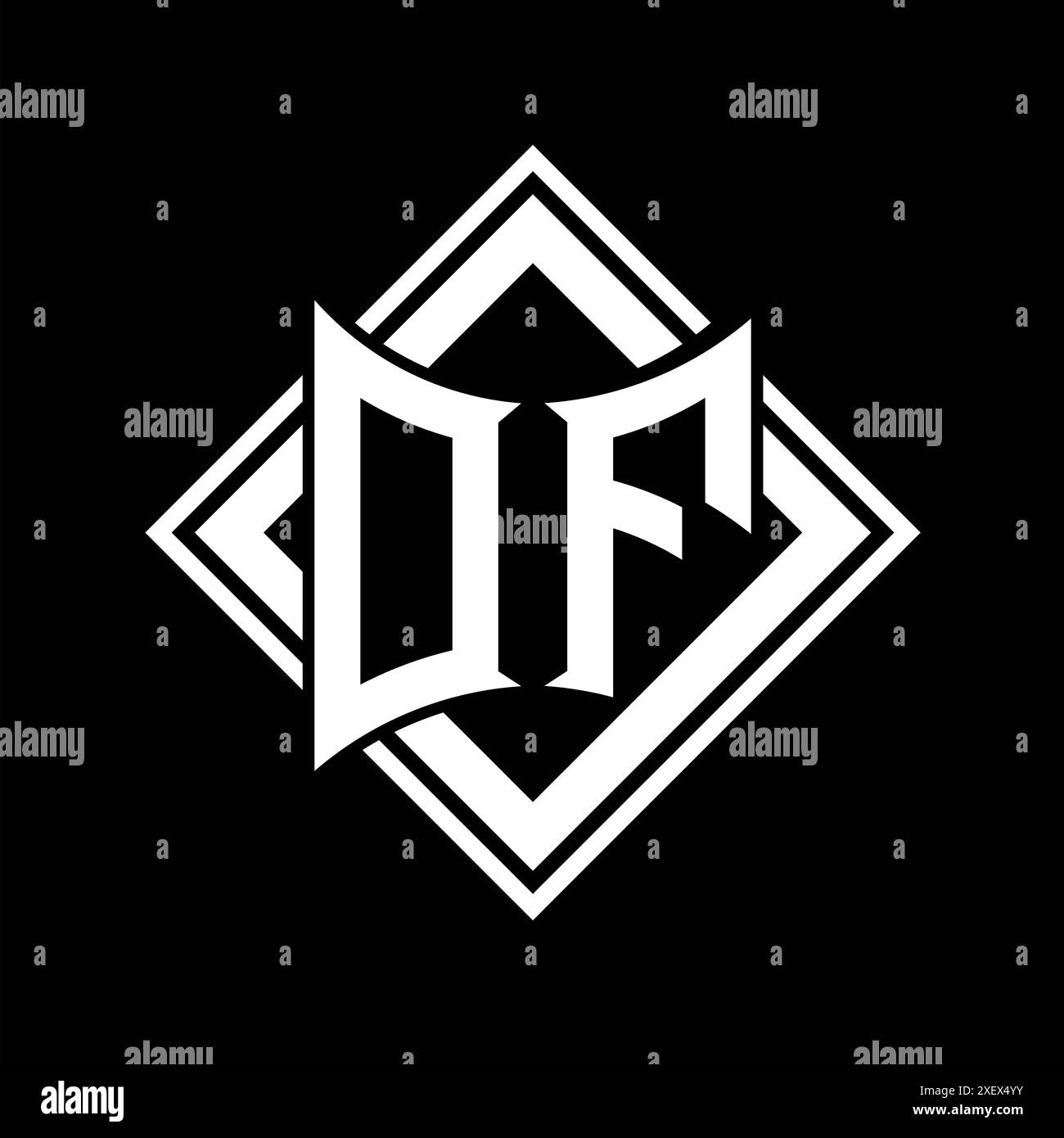 Logo de lettre DF avec forme de bouclier abstraite avec contour blanc carré sur fond noir modèle design Banque D'Images