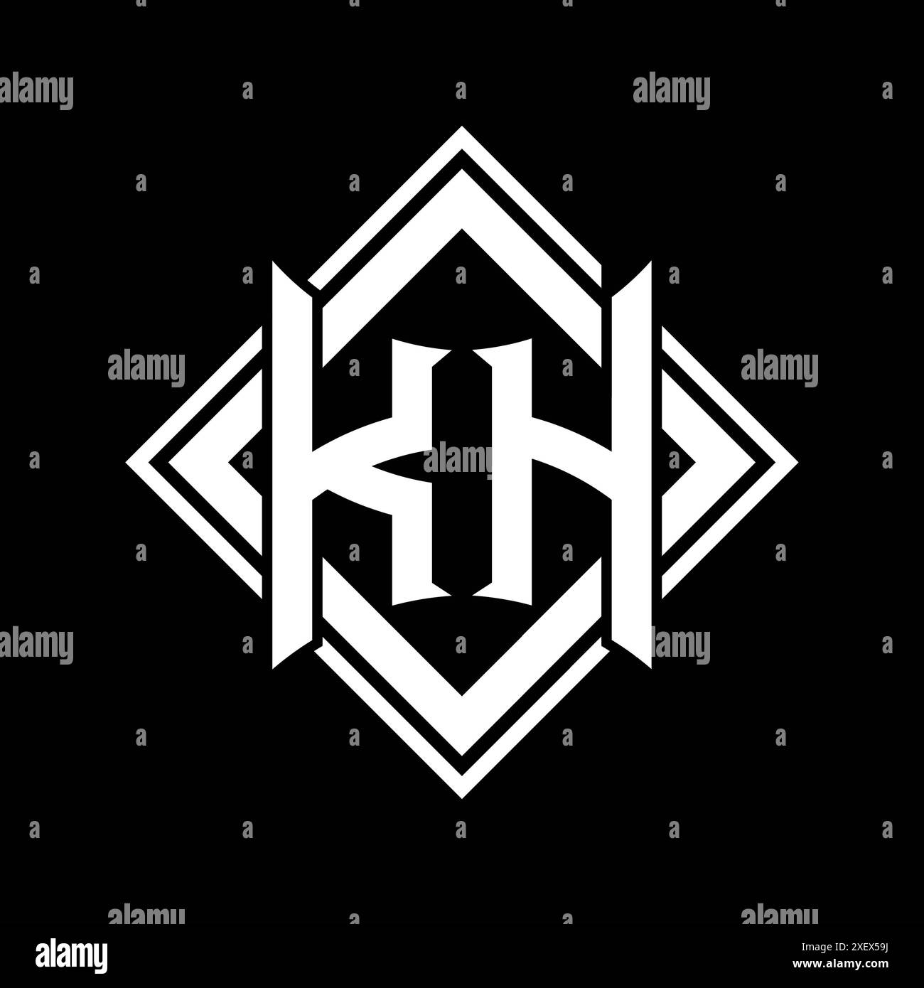 Logo de lettre KH avec forme de bouclier abstraite avec contour blanc carré sur fond noir modèle design Banque D'Images