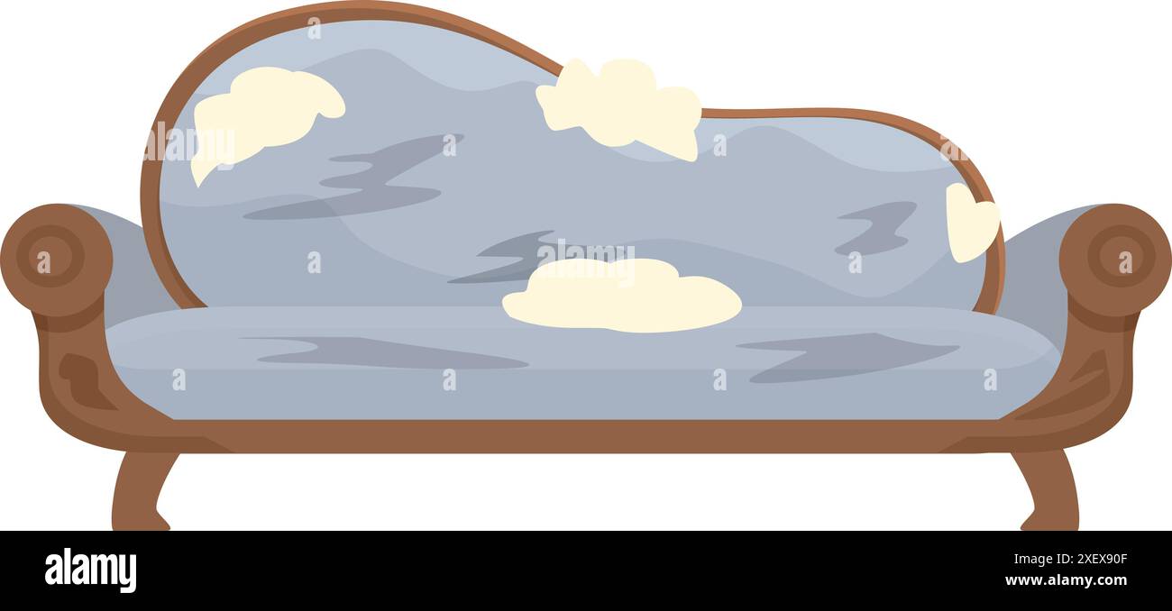 Vieux canapé déchiré avec des trous dans la sellerie debout sur fond blanc, un meuble pour un intérieur de pièce, un sujet de restauration Illustration de Vecteur