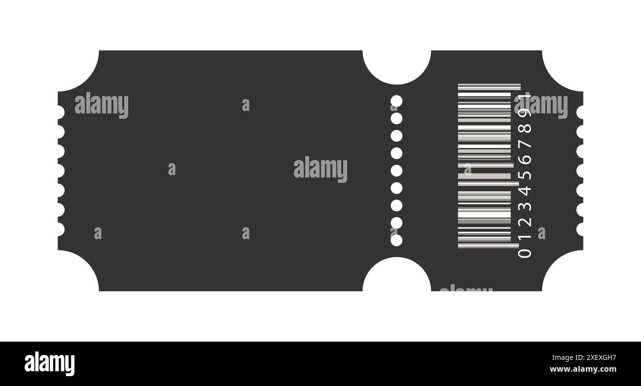 Jeu d'icônes de ticket, jeu d'icônes de vecteur de ticket de spectacle de film. Coupon en papier noir rétro pour événement, maquette de coupon de réduction avec code à barres et espace texte. Illustration de Vecteur