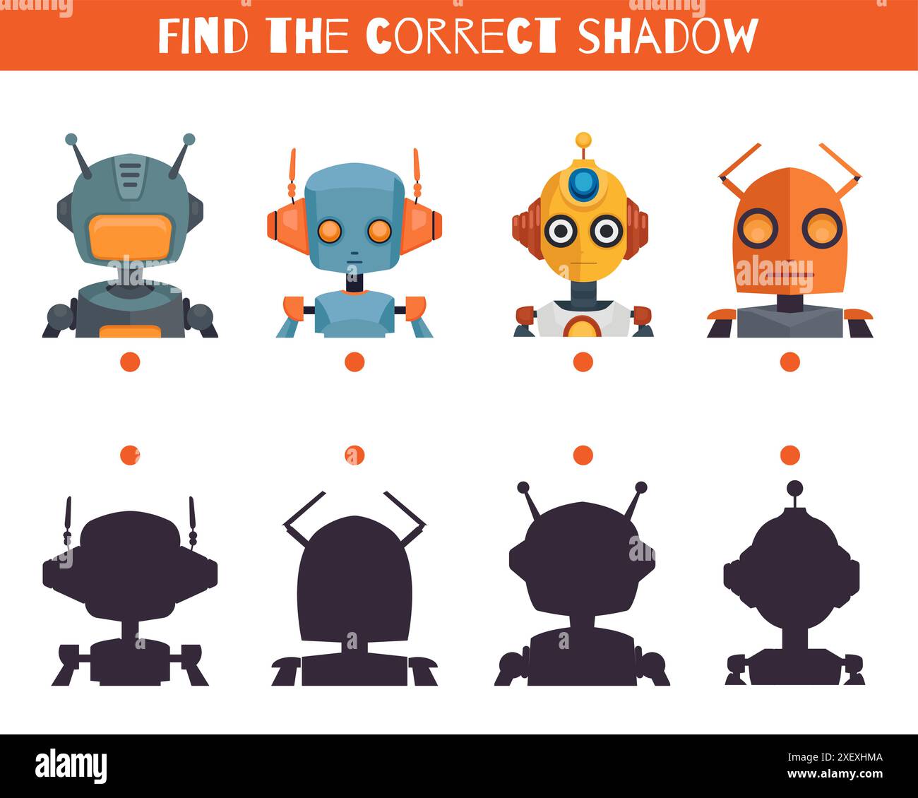 Modèle de jeu de cartes vectoriel Trouvez les ombres droites pour les jouets robots. Feuille de travail éducative avec androïdes et silhouettes pour les jeux de maternelle et scolaire Illustration de Vecteur
