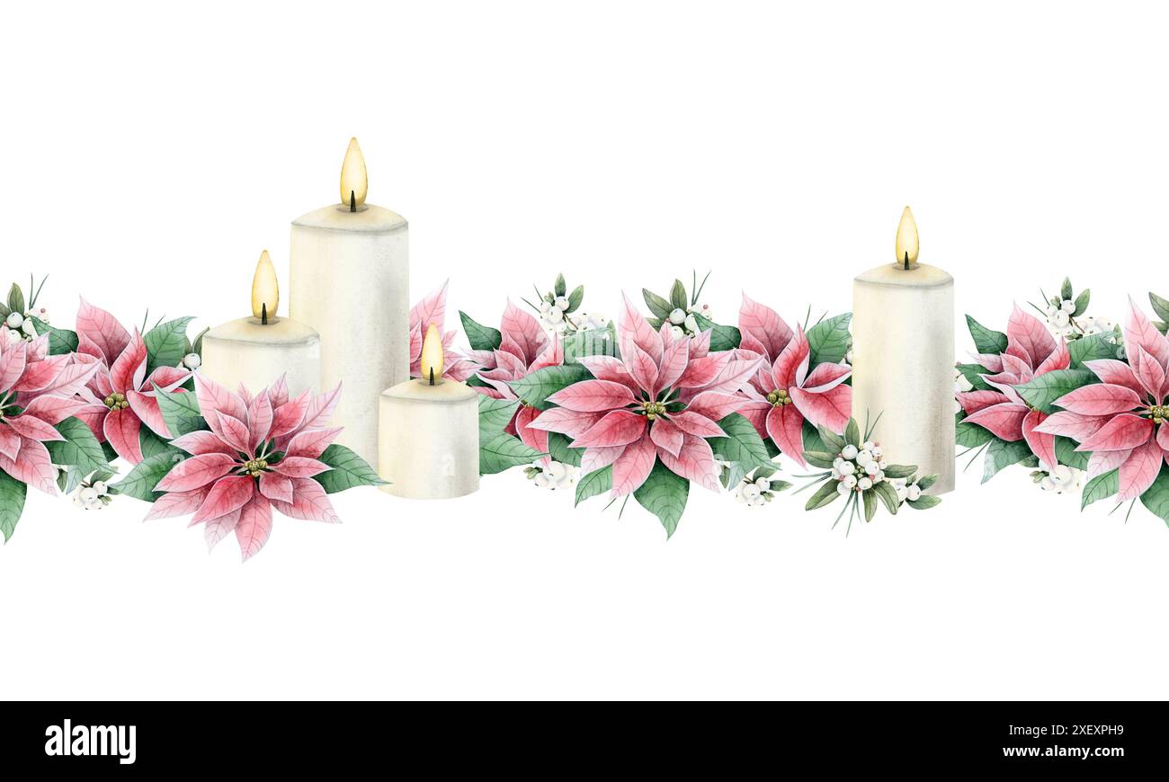 Bougies de Noël avec des fleurs de poinsettia et des bordures sans couture d'aquarelle de neige pour les cartes de voeux de vacances du nouvel an Banque D'Images