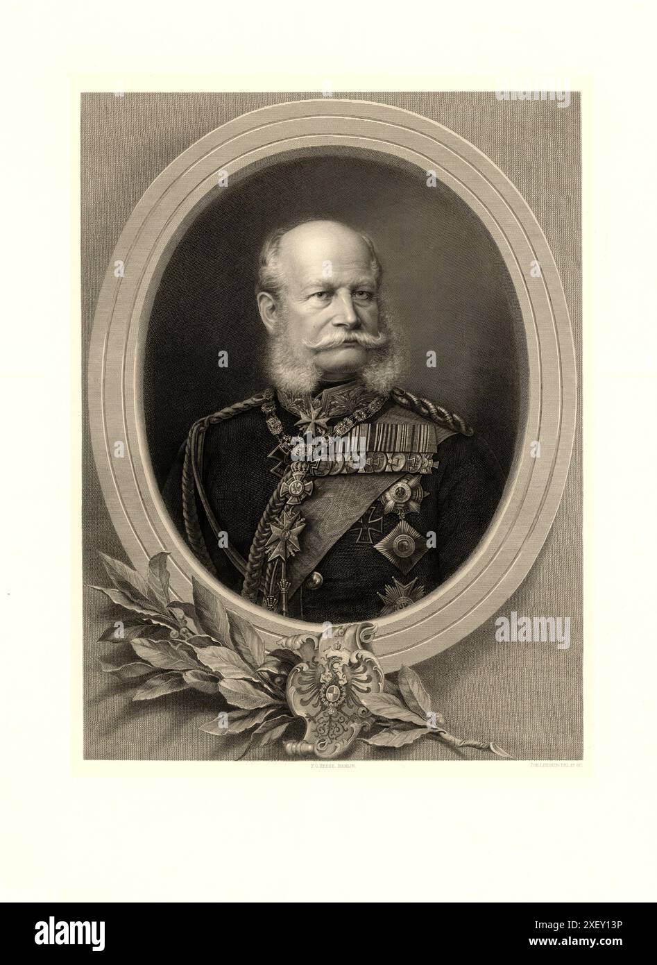 Gravure portrait de Guillaume Ier, empereur allemand, 1875 Guillaume Ier ou Guillaume Ier (1797 – 1888) fut roi de Prusse du 2 janvier 1861 et empereur allemand du 18 janvier 1871 jusqu'à sa mort en 1888. Membre de la Chambre des Hohenzollern, il fut le premier chef d'État d'une Allemagne unie. Banque D'Images