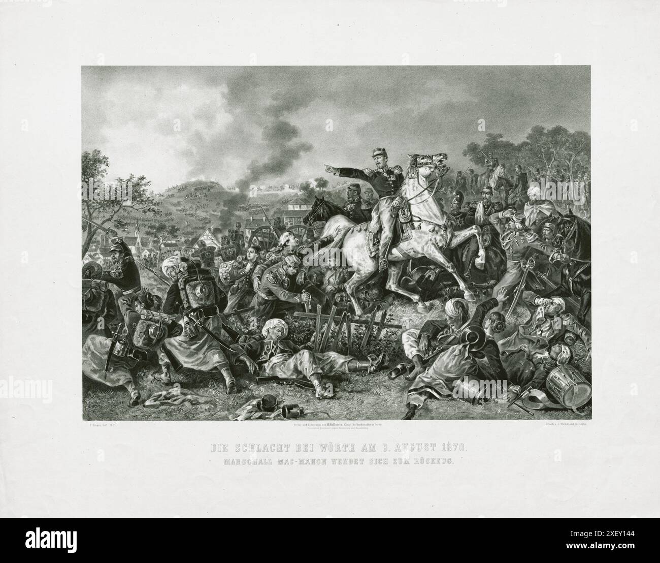 Lithographie d'époque de la guerre franco-prussienne : la bataille de Wörth le 6 août 1870, le maréchal Mac-Mahon se tourne vers la retraite.1872 Banque D'Images