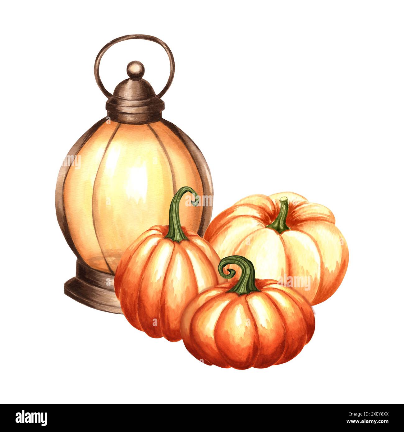 Citrouilles orange avec lanterne vintage. Composition confortable d'automne avec lampe à huile. Illustration d'aquarelle dessinée à la main isolée. Thanksgiving traditionnel Banque D'Images