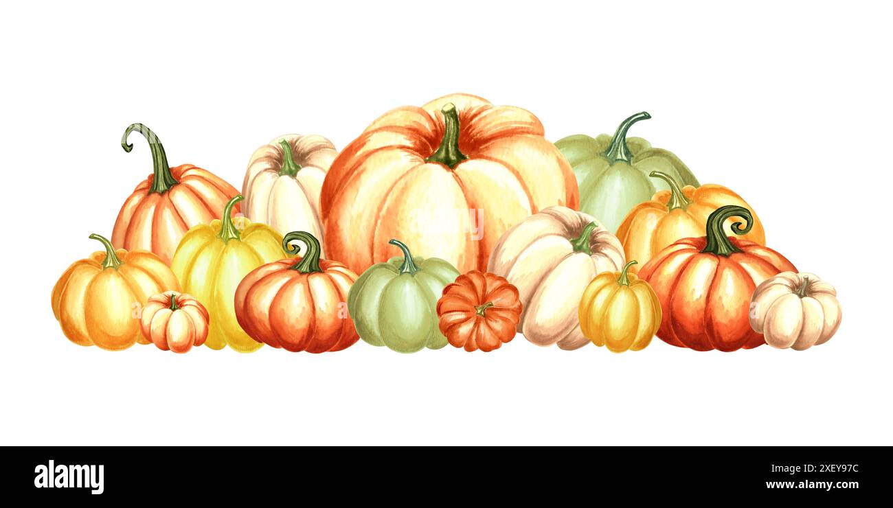 Citrouilles colorées en pile. Composition de la récolte automne. Illustration d'aquarelle dessinée à la main isolée. Légumes traditionnels de Thanksgiving. Modèle pour Banque D'Images