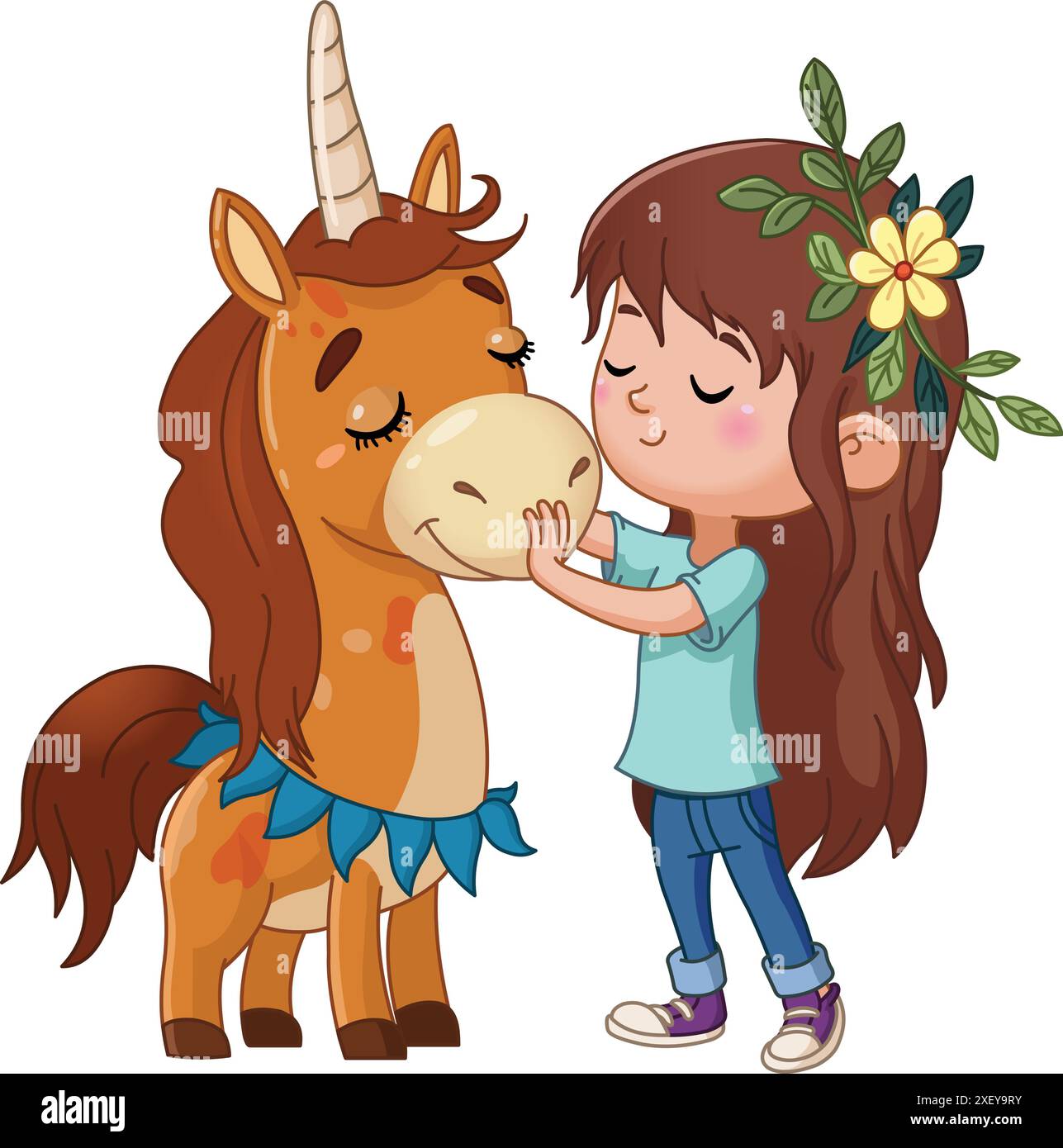 jeune fille touchant doucement le visage d'une licorne souriante Illustration de Vecteur