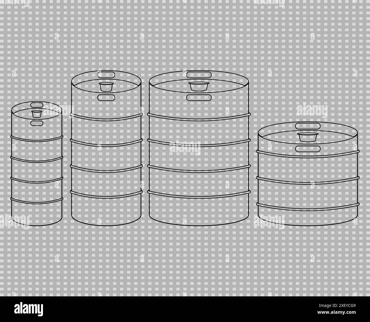 Clipart vectoriel de fûts de bière en métal. Icônes définies. Contour noir et blanc et illustrations transparentes оn fond transparent. Différents types. Illustration de Vecteur