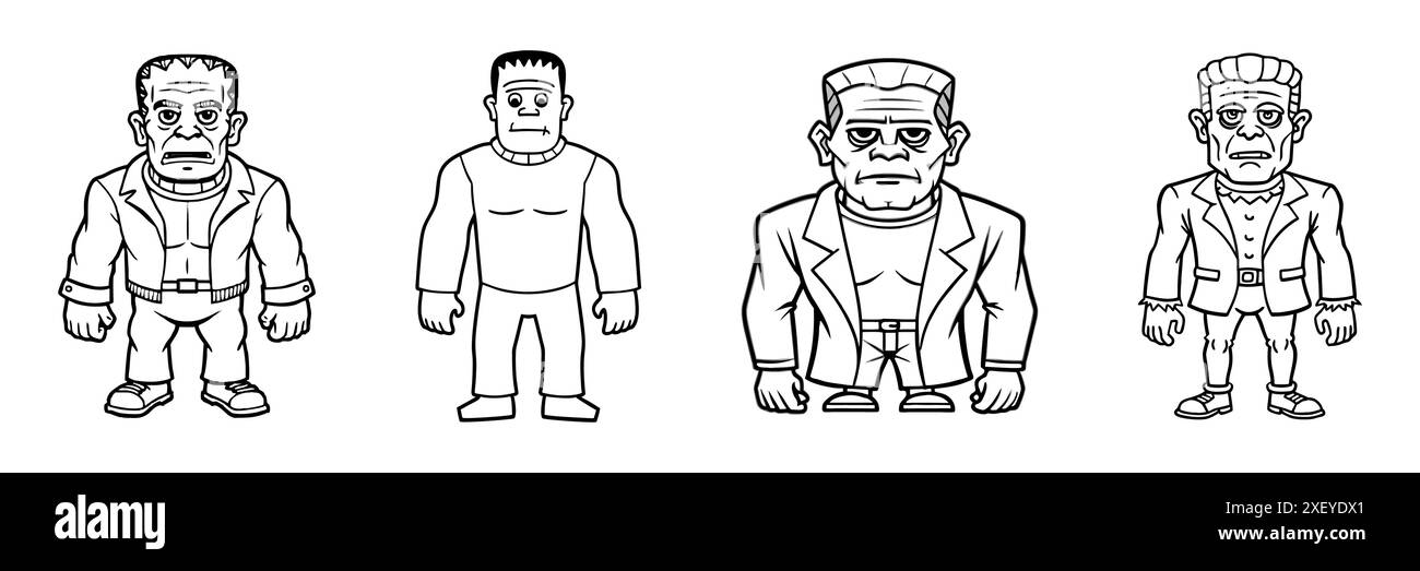 Ensemble de contours noirs de monstres Frankenstein isolés sur un fond blanc. Concept d'Halloween, personnage d'horreur, style comique, créature effrayante. P Illustration de Vecteur