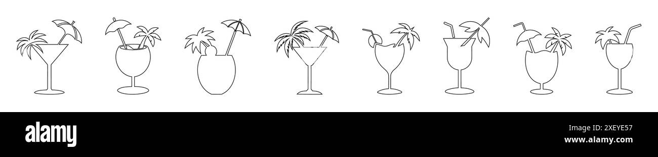 Ensemble d'illustrations de contour noir de cocktails tropicaux. Icônes des boissons de plage. Isolé sur fond blanc. Impression, logo, pictogramme, éléments de conception Illustration de Vecteur