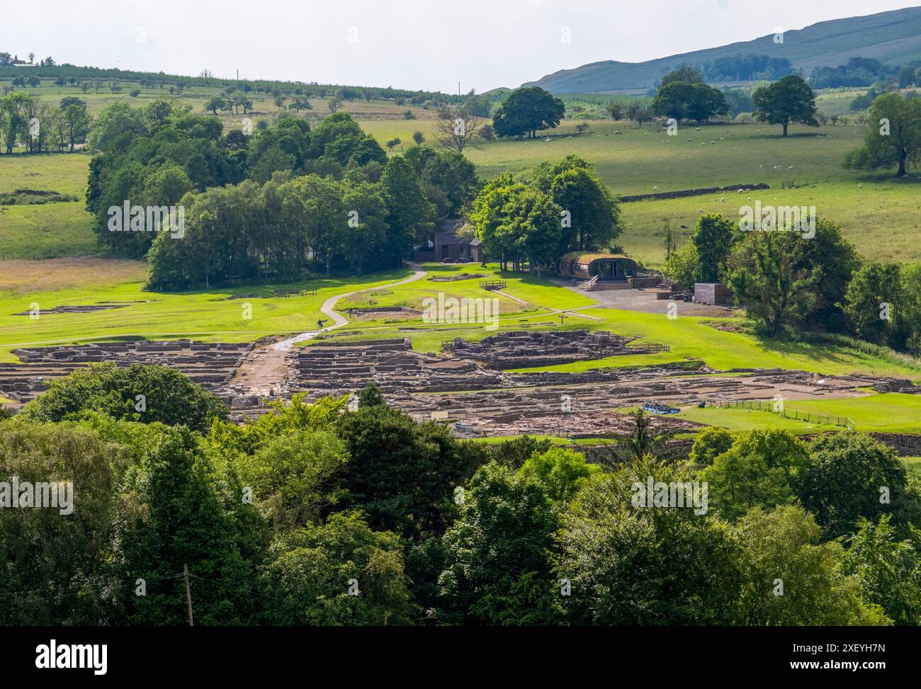 Vue générale du fort romain de Vindolanda, Northumberland, Angleterre. Banque D'Images