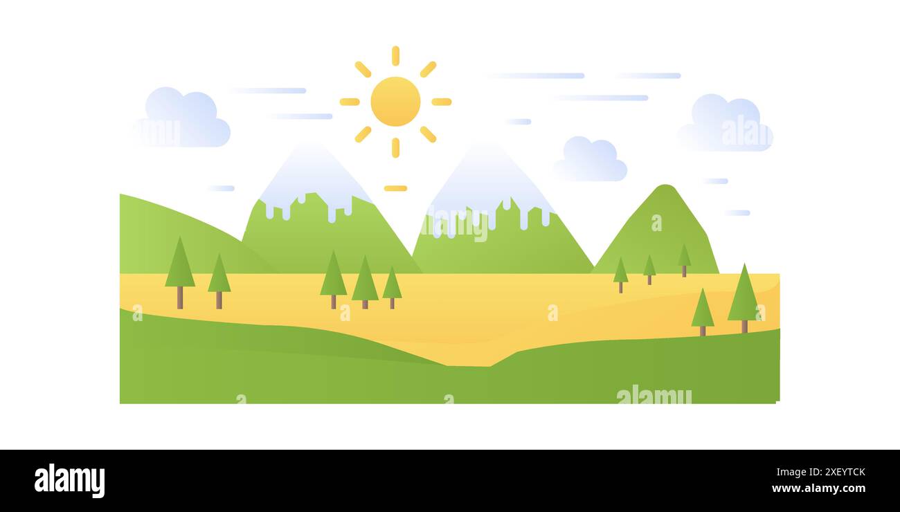 Paysage de montagne simple, plaine et champ avec des arbres, des roches sur l'illustration vectorielle d'horizon Illustration de Vecteur