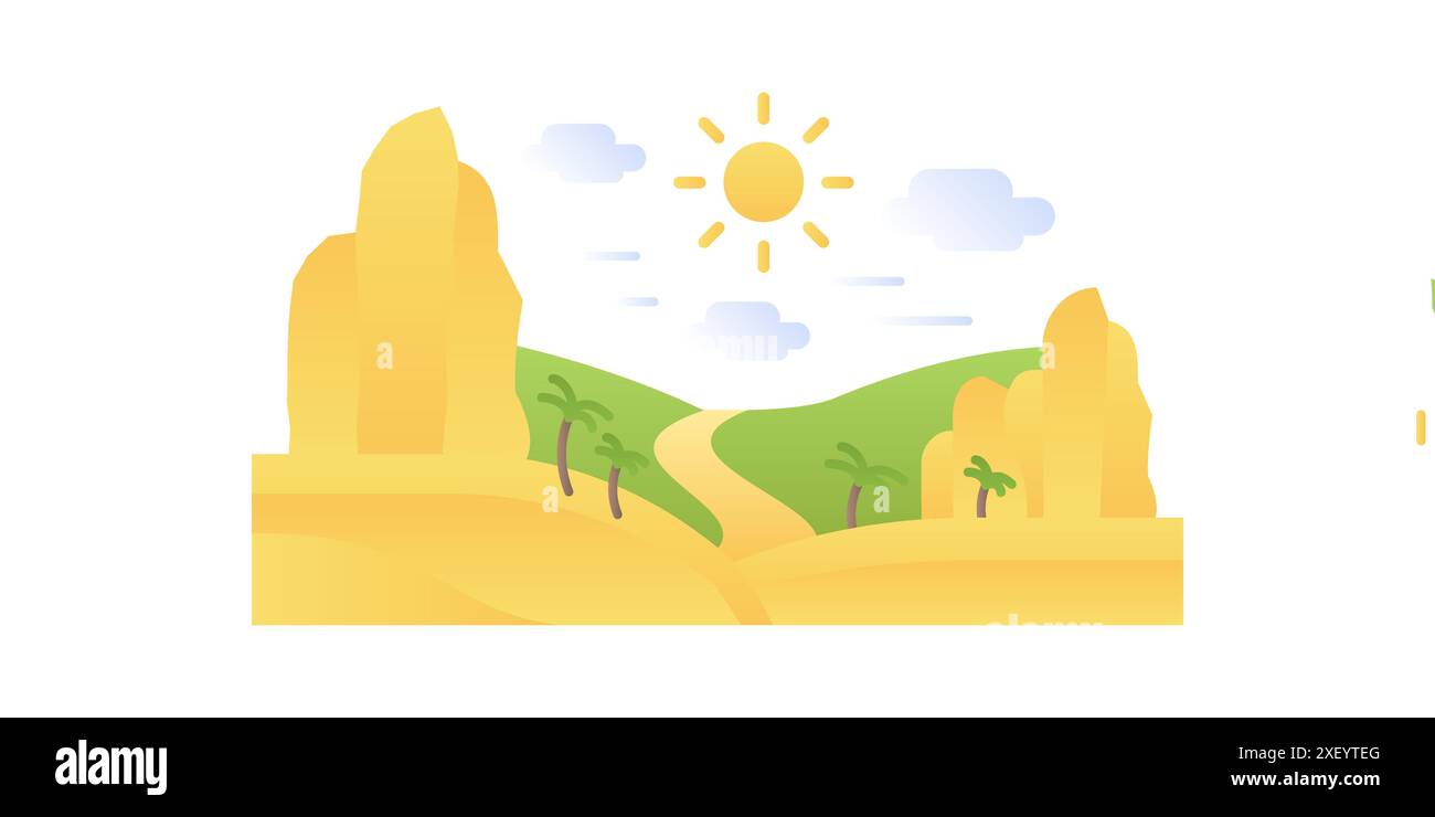 Paysage tropical de montagne d'été avec des palmiers dans le sable, route à travers l'illustration vectorielle de la vallée verte Illustration de Vecteur