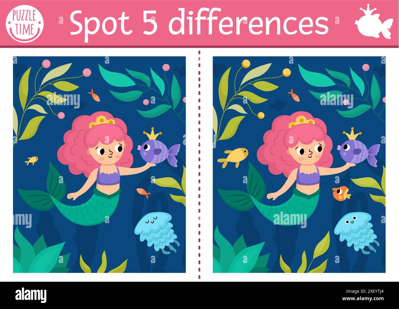 Trouver le jeu des différences pour les enfants. Activité éducative de sirène avec princesse de mer, paysage sous-marin, méduses. Puzzle mignon pour les enfants. Imprimable avec Illustration de Vecteur