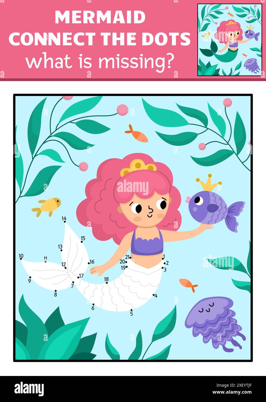 Sirène vectorielle point à point et activité de couleur avec princesse de mer, scène sous-marine colorée. Ocean Kingdom connecter le jeu de points pour les enfants. Marine WHA Illustration de Vecteur