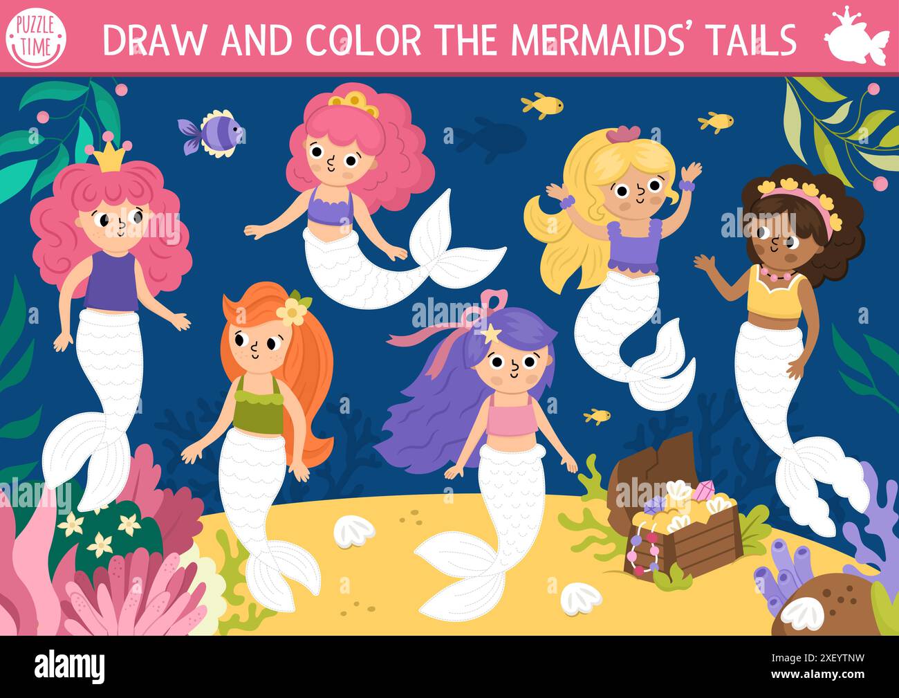 Sirène dessin, écriture, traçage et coloriage activité pour les enfants avec princesse de mer et queues. Ocean Kingdom activité imprimable préscolaire. Fée marine Illustration de Vecteur