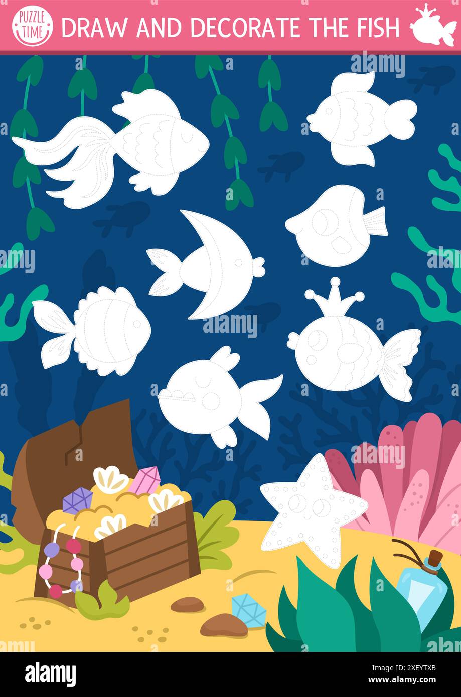 Sirène dessin, écriture, traçage, activité de coloration pour les enfants avec des animaux marins, fond sous-marin. Dessinez, décorez le poisson. Ocean Kingdom Preschool pr Illustration de Vecteur