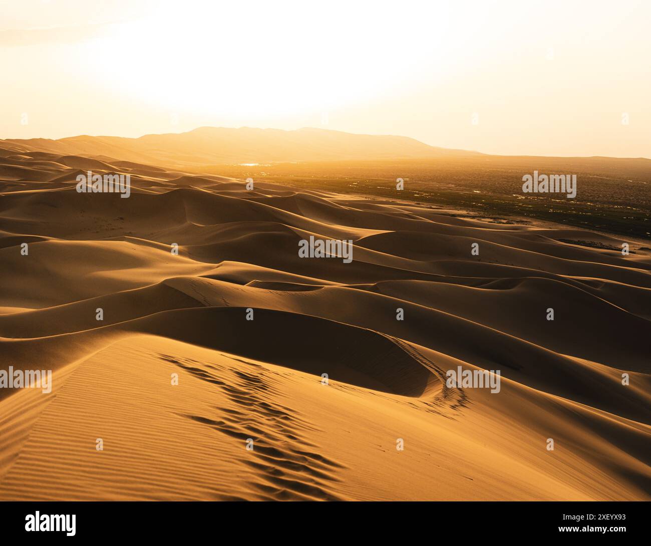 Coucher de soleil dans le désert de Gobi. Spectacle de couleurs aux dunes chantantes de Khongoryn Els où la steppe borde les dunes Banque D'Images