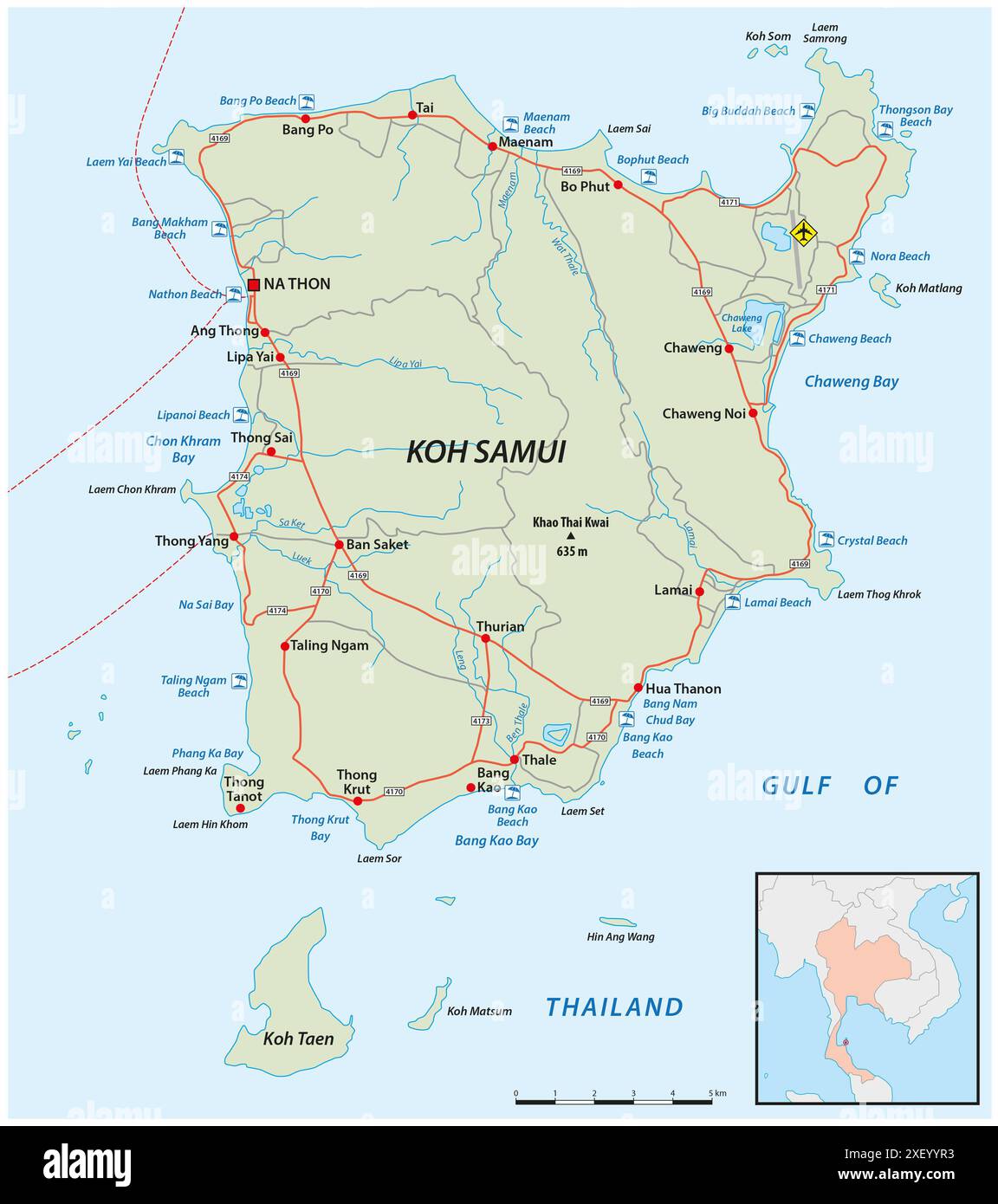 Carte vectorielle de route et de plage de Koh Samui Banque D'Images