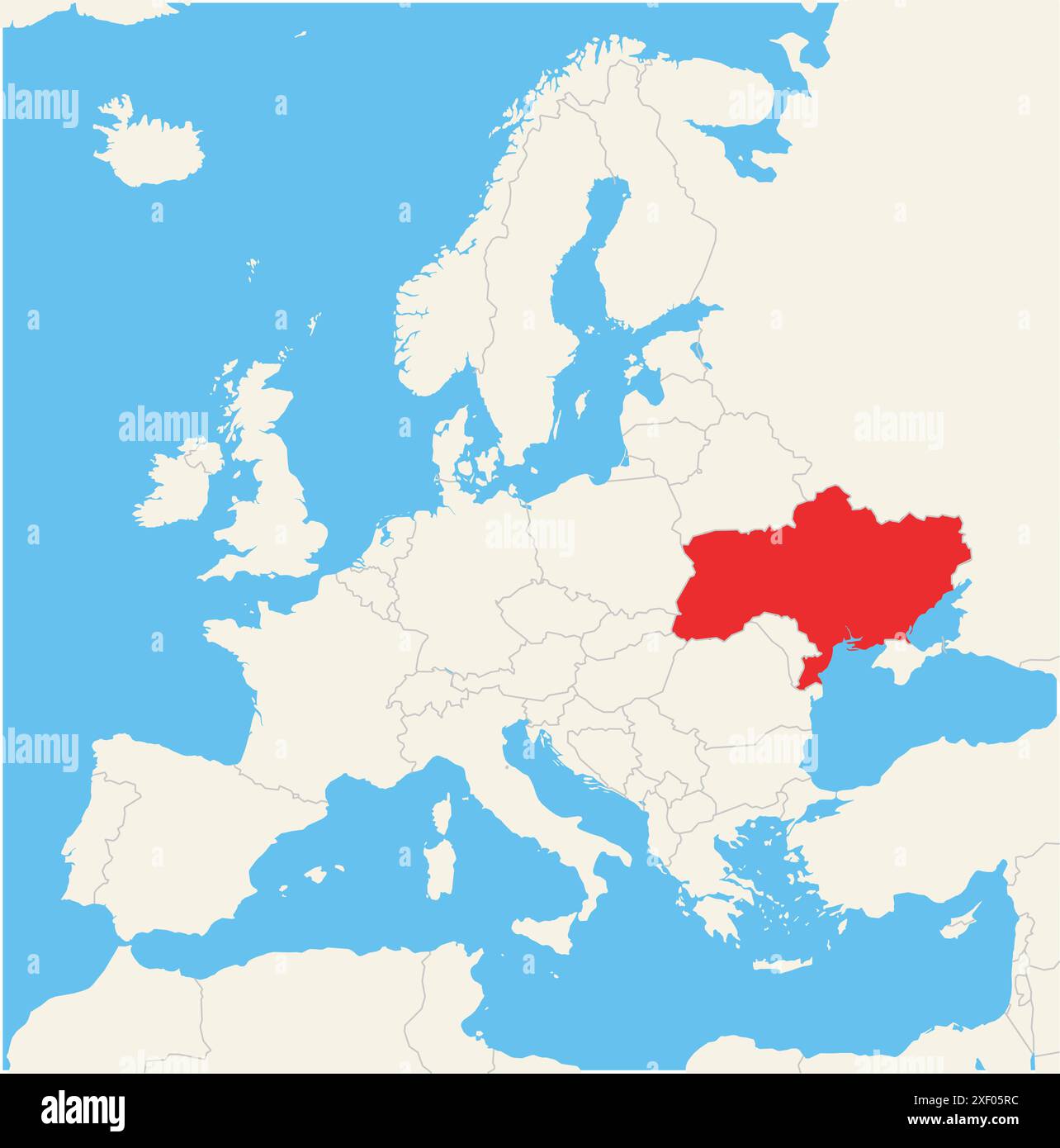 Carte de localisation montrant l'emplacement du pays Ukraine en Europe. Le pays est mis en évidence par un polygone rouge. Les petits pays sont également marqués avec Illustration de Vecteur