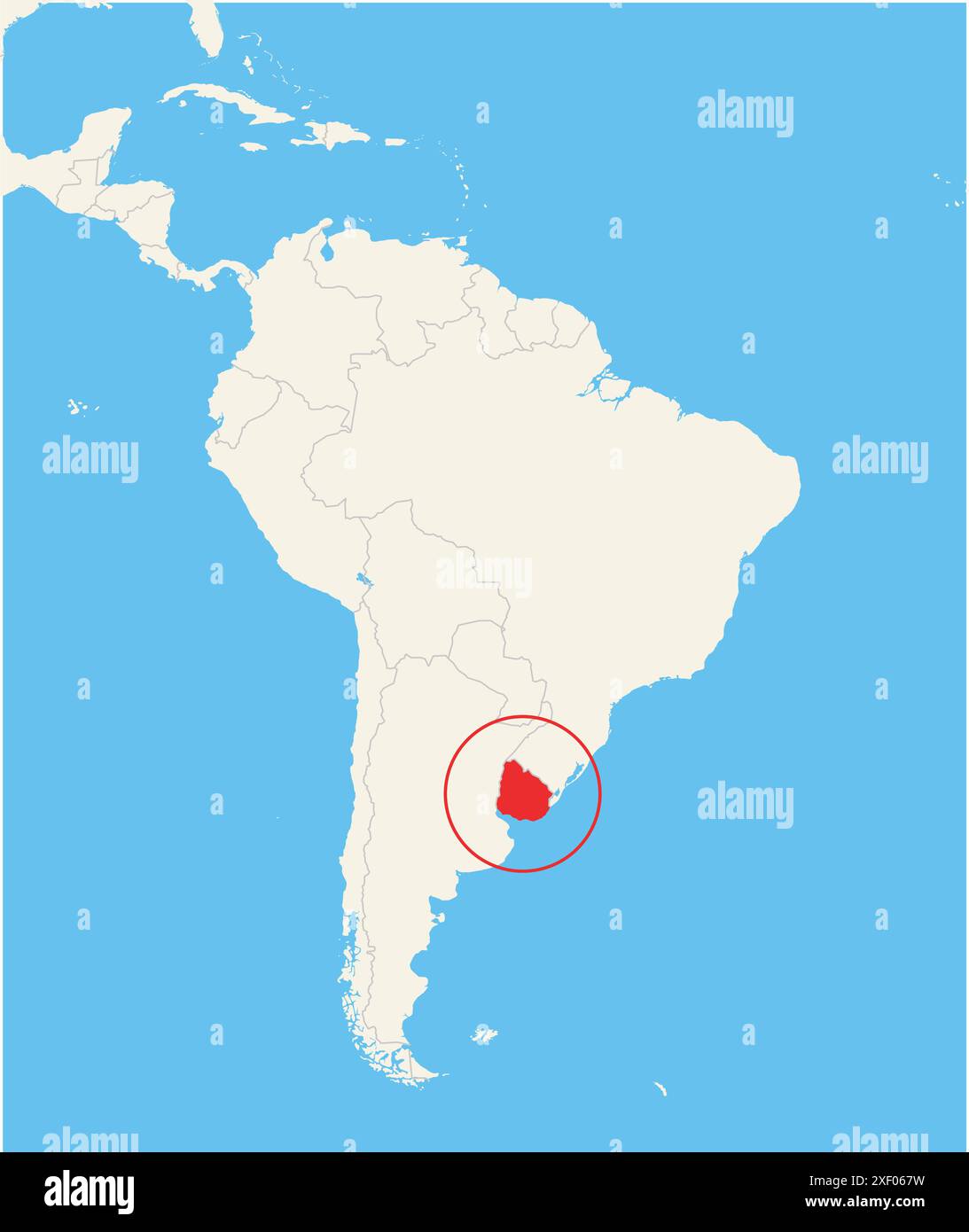 Carte de localisation montrant l'emplacement du pays Uruguay en Amérique du Sud. Le pays est mis en évidence par un polygone rouge. Les petits pays sont également marqués Illustration de Vecteur