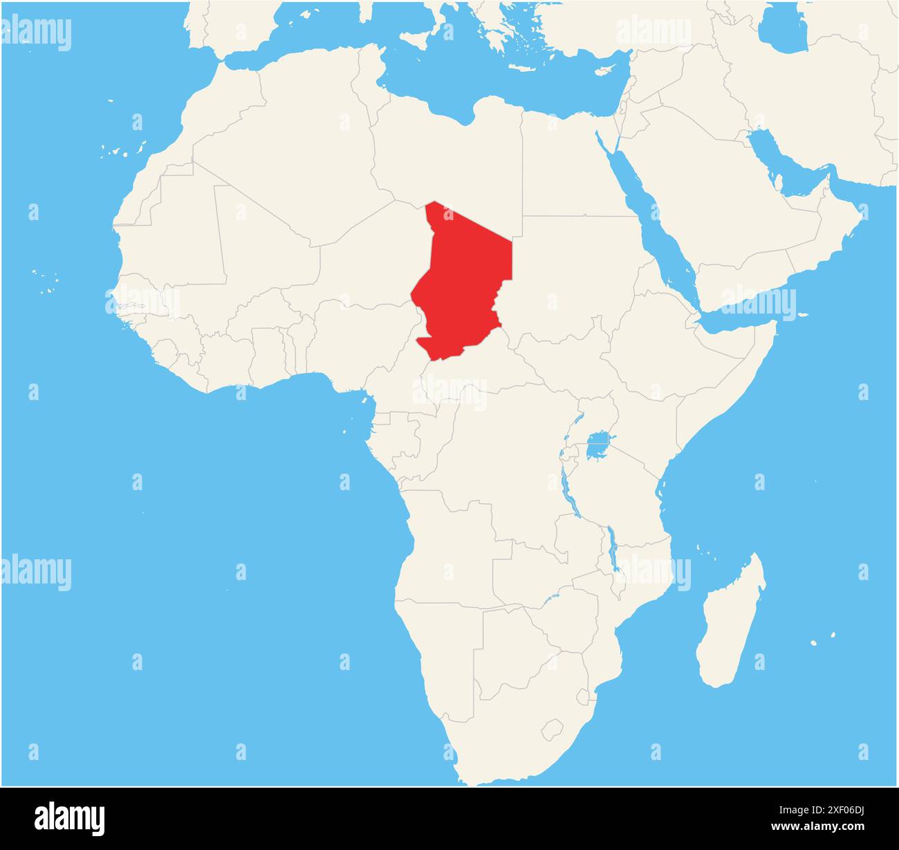 Localisateur carte montrant l'emplacement du pays Tchad en Afrique. Le pays est mis en évidence par un polygone rouge. Les petits pays sont également marqués d'un Illustration de Vecteur