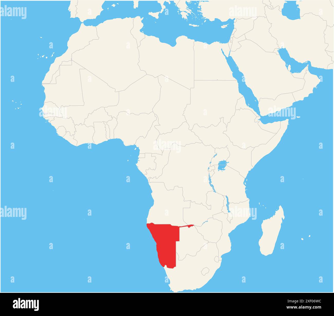 Localisateur carte montrant l'emplacement du pays Namibie en Afrique. Le pays est mis en évidence par un polygone rouge. Les petits pays sont également marqués avec Illustration de Vecteur