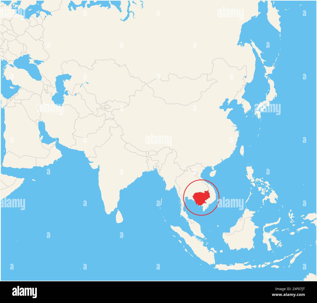 Carte de localisation montrant l'emplacement du pays Cambodge en Asie. Le pays est mis en évidence par un polygone rouge. Les petits pays sont également marqués avec Illustration de Vecteur