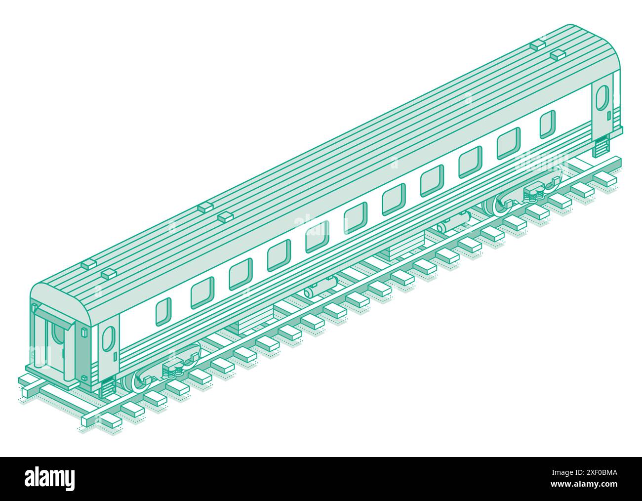 Wagon de chemin de fer isométrique pour passagers. Illustration vectorielle. Esquisser le transport de voyageurs. Objet isolé sur fond blanc. Chemin de fer. Wagon sur rails. Illustration de Vecteur