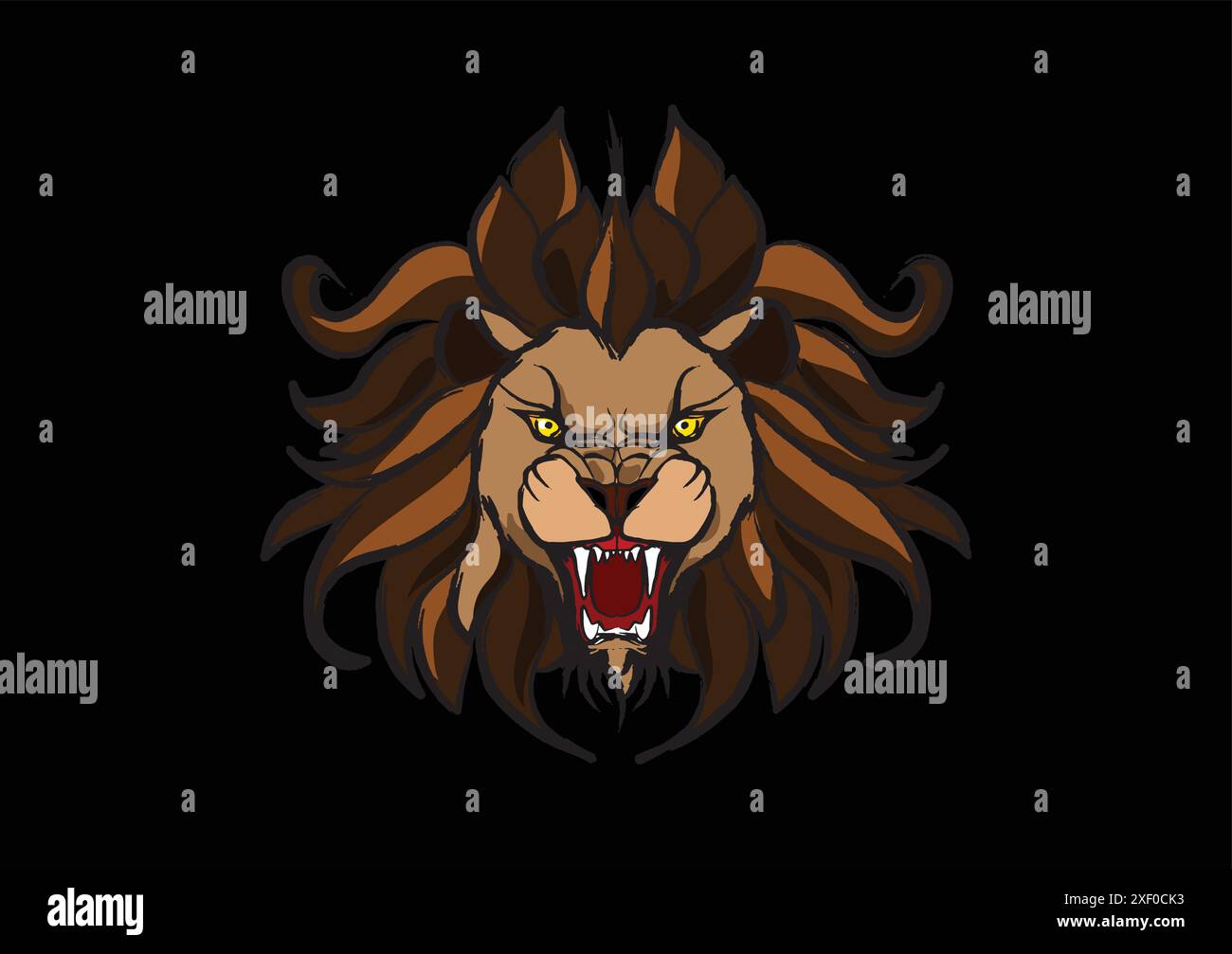 Rugissement, animal, danger, Safari, Afrique, Zoo, mascotte, tête, dents, illustration, logo, symbole, conception, fond noir, brun, jaune, rouge, lion, sauvage, faune, crinière, ki Illustration de Vecteur