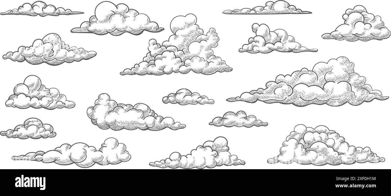 Nuages de dessins animés monochromes dessinés à la main Illustration de Vecteur