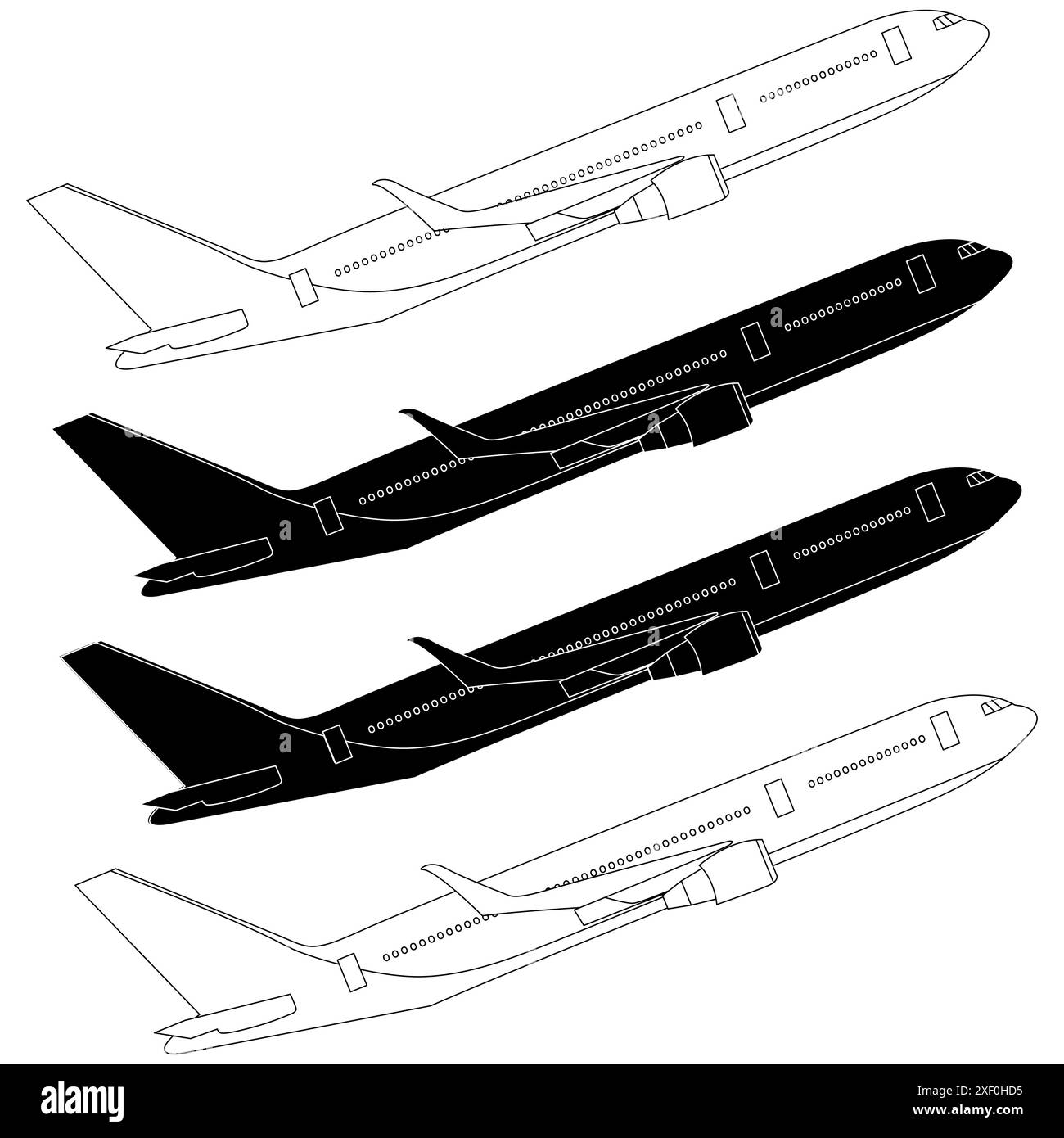 Avion décollant illustration en contour noir, noir et blanc, blanc et noir et noir et noir et knockout isolé sur fond blanc Illustration de Vecteur