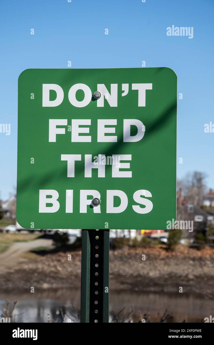 Ne nourrissez pas le panneau des oiseaux sur le sentier du front de mer dans le centre-ville de Calais, Maine, États-Unis Banque D'Images