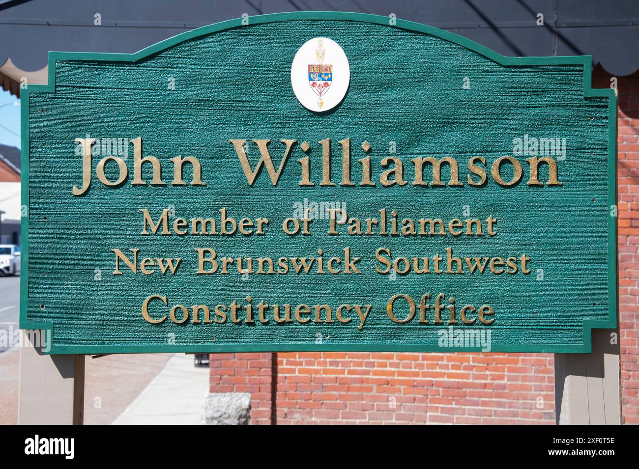 Panneau du bureau de circonscription John Williamson sur Milltown Blvd, au centre-ville, caractérisé Stephen, Nouveau-Brunswick, Canada Banque D'Images