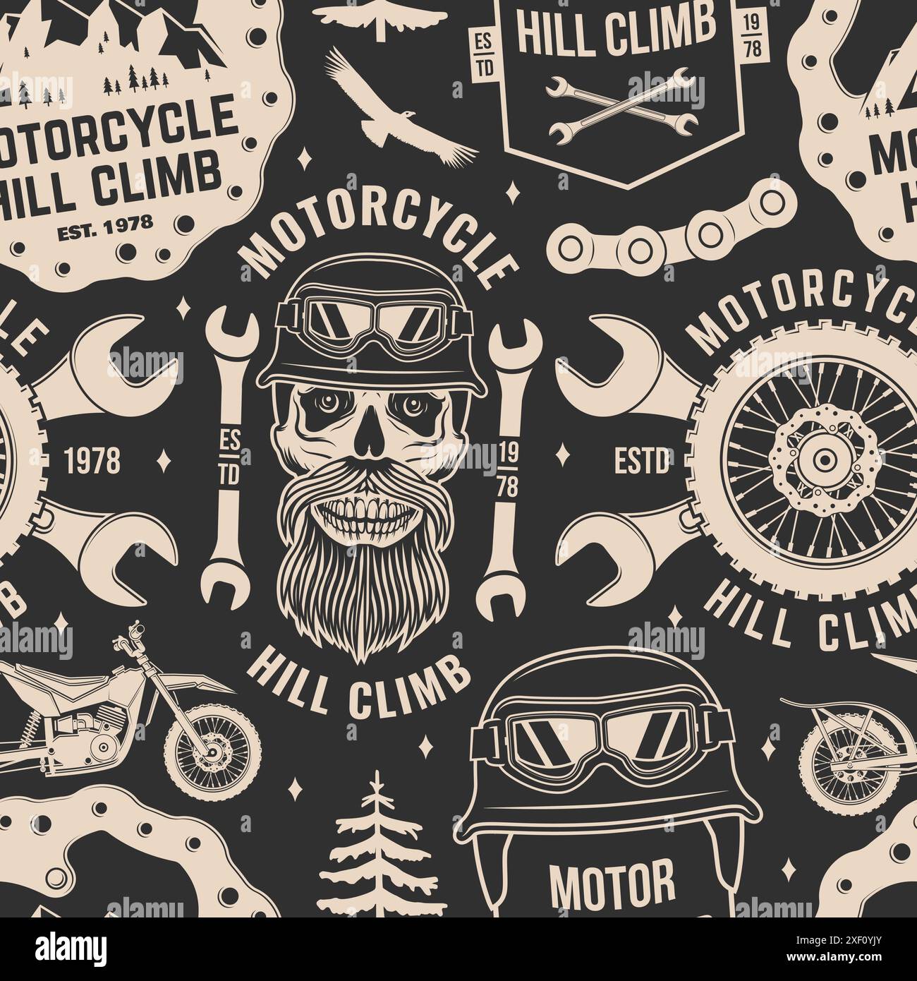 Motif ou fond sans couture de montée de colline de moto. Vecteur. Tissu, texture, papier peint avec casque de moto, crâne, lunettes, vélo, montagne et Illustration de Vecteur