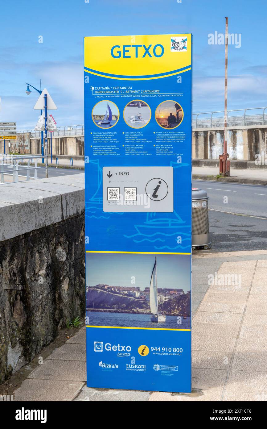 Getxo City (Algorta), panneau d'information touristique près du terminal du port de croisière de Bilbao, Getxo Est Une ville basque espagnole du nord en Espagne Banque D'Images