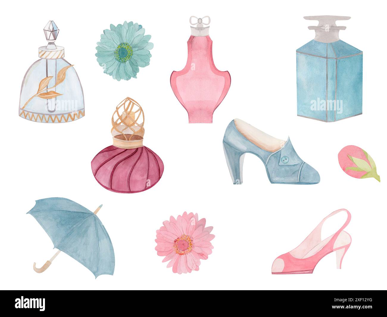 Ensemble de différentes bouteilles en verre de parfum rose et bleu, chaussures et fleurs, parapluie. Illustration d'aquarelle dessinée à la main isolée sur fond blanc Banque D'Images