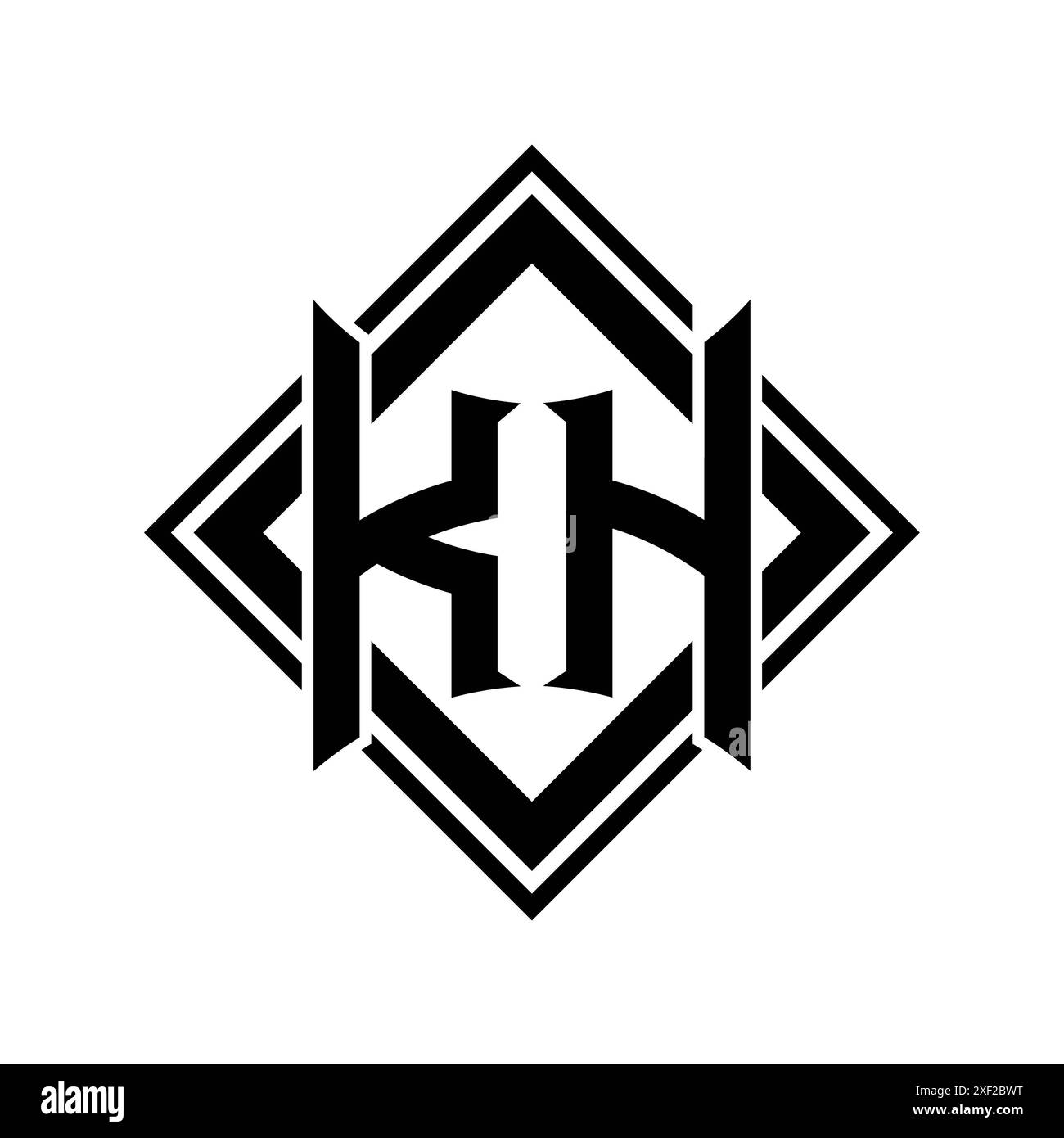 Logo de lettre KH avec forme de bouclier abstraite avec contour noir carré sur fond blanc modèle design Banque D'Images