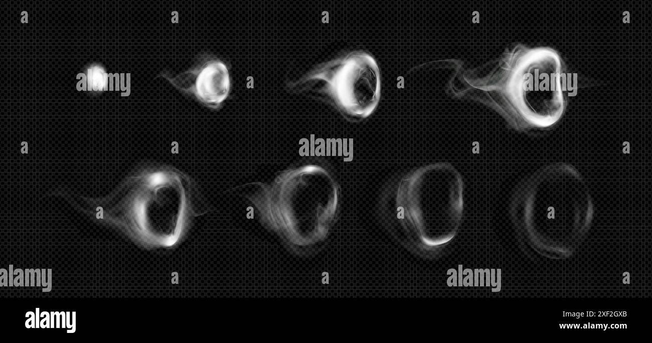 Hookah vape ou cercles de fumée de cigarette avec des étapes de séquence Grow and Disease pour l'animation. Feuille de sprite pour anneau fumé de tabac volant. Ensemble de vecteur 3d réaliste de forme circulaire de vapeur. Illustration de Vecteur