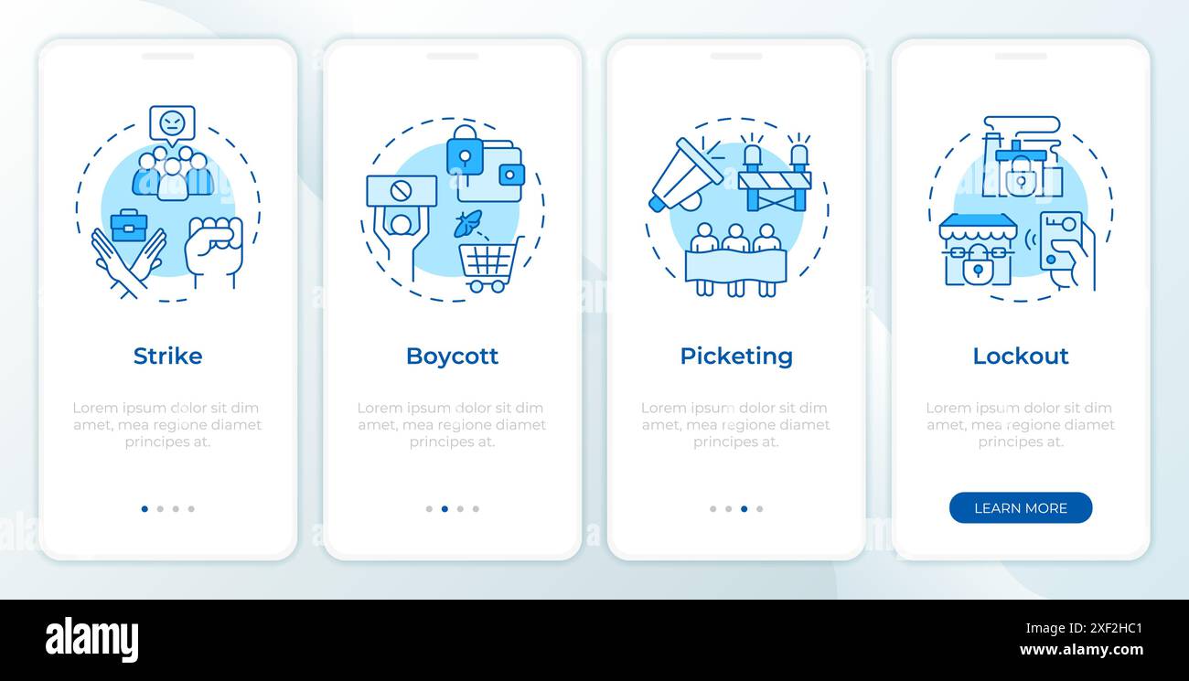 Tactiques de grève des syndicats des travailleurs écran bleu de l'application mobile d'intégration Illustration de Vecteur